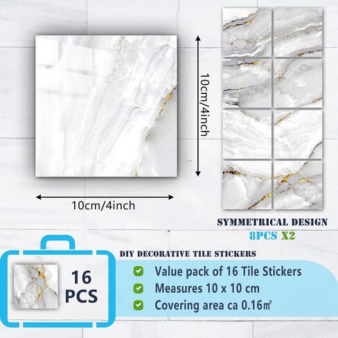 16Pcs Marble Pattern Tile Stickers for Kitchen Bathroom Decoration, Peel and Stick Backsplash Decals (4 x 4 Inch) in Kuwait