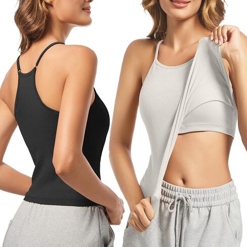 OVESPORT 2Pack Workout Tank Tops for Women with Built in Bras Seamless Adjustable Spaghetti Strap Sports Bra Yoga Casual Tops in Kuwait