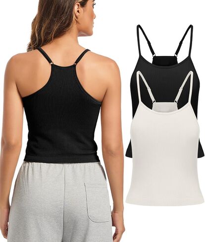 OVESPORT 2Pack Workout Tank Tops for Women with Built in Bras Seamless Adjustable Spaghetti Strap Sports Bra Yoga Casual Tops in Kuwait