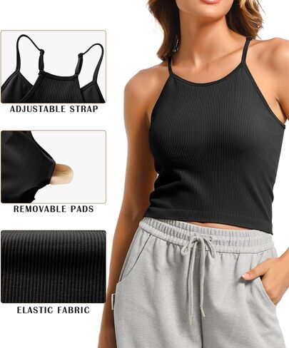 OVESPORT 2Pack Workout Tank Tops for Women with Built in Bras Seamless Adjustable Spaghetti Strap Sports Bra Yoga Casual Tops in Kuwait