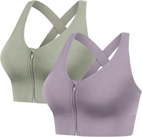 2 عبوة حمالات رياضية للنساء ، سستة الأمامية الإغلاق تجريب تشغيل حمالة صدرية عالية التأثير سلس مبطنة لليوغا حمالات الصدر in Kuwait