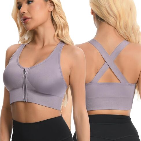 2 عبوة حمالات رياضية للنساء ، سستة الأمامية الإغلاق تجريب تشغيل حمالة صدرية عالية التأثير سلس مبطنة لليوغا حمالات الصدر in Kuwait