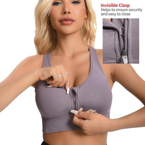 2 عبوة حمالات رياضية للنساء ، سستة الأمامية الإغلاق تجريب تشغيل حمالة صدرية عالية التأثير سلس مبطنة لليوغا حمالات الصدر in Kuwait
