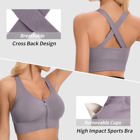 2 عبوة حمالات رياضية للنساء ، سستة الأمامية الإغلاق تجريب تشغيل حمالة صدرية عالية التأثير سلس مبطنة لليوغا حمالات الصدر in Kuwait