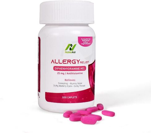 Antihistamine Allergy Relief Diphenhydramine HCL 25mg - 24 Caplets - Allergy Medicine for Adults and Children - Decongestant for Nasal Allergies, Runny Nose, Watery Eyes, Itchy Throat in Saudi Arabia