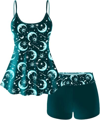 Rosegal Plus Size Women Gothic Tummy Control Modest Tankini Swimsuit Sun Moon Boyleg Padded Tankini Swimwear in Kuwait