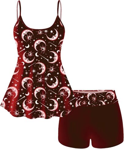 Rosegal Plus Size Women Gothic Tummy Control Modest Tankini Swimsuit Sun Moon Boyleg Padded Tankini Swimwear in Kuwait