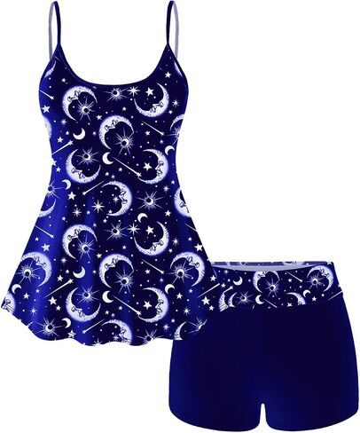 Rosegal Plus Size Women Gothic Tummy Control Modest Tankini Swimsuit Sun Moon Boyleg Padded Tankini Swimwear in Saudi Arabia
