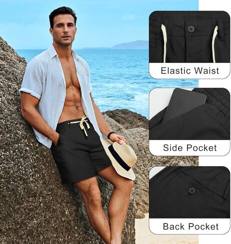 Hefanee Mens Cotton Linen Shorts عرضة 7 بوصة inseam شورت الصيف للرجال صالة الشاطئ in Kuwait