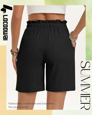 2 Pack Women's Linen Bermuda Shorts Cotton High Waist Wide Leg Summer Drawstring Mid Length Shorts with Pockets in Saudi Arabia