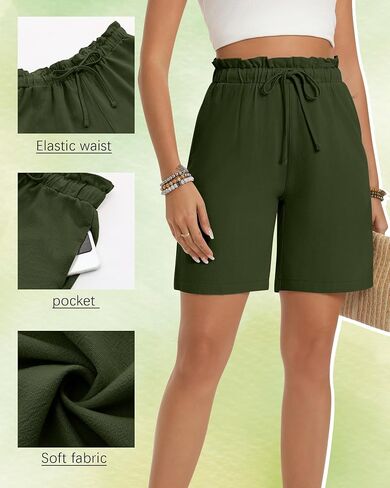 2 Pack Women's Linen Bermuda Shorts Cotton High Waist Wide Leg Summer Drawstring Mid Length Shorts with Pockets in Saudi Arabia