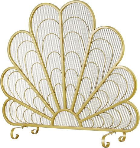 MyGift Peacock Feather Shaped Brass-Tone Metal Fireplace Screen in Saudi Arabia