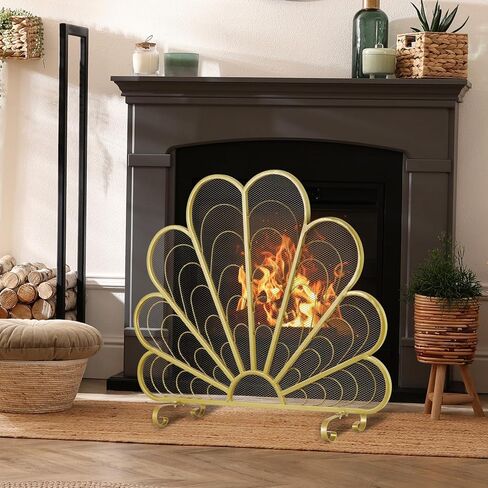 MyGift Peacock Feather Shaped Brass-Tone Metal Fireplace Screen in Saudi Arabia