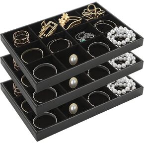 3 Pcs Stackable Velvet Jewelry Organizer Trays, 12 Grids Jewelry Organizers and Display Case Storage for Earrings Bracelets Necklace Rings, Jewelry Trays Drawer Insert