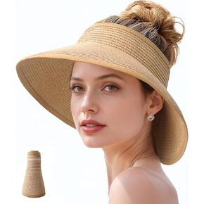 Sun Visor Hats for Women Wide Brim Straw Ponytail Summer Beach Hat UV UPF Packable Foldable Travel