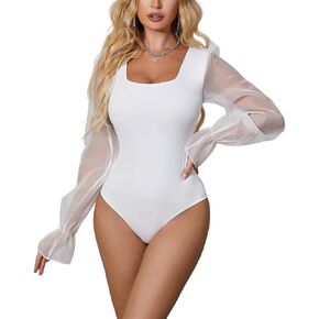 Women's Sheer Puffy Long Sleeve Square Neck Bodysuit with Snap-Button Closures