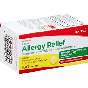 Leader 4 Hour Allergy Relief, Chlorpheniramine Maleate 4 mg, Antihistamine, for Adults, Both Men & Women, and Children Ages 6+, 100 Tablets, Pack of 1