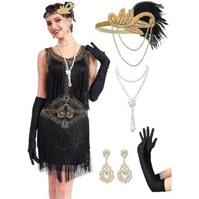 1920s Flapper Dresses for Women,Lace V Neck Great Gatsby Dresses Fringed Roaring 20s Dresses