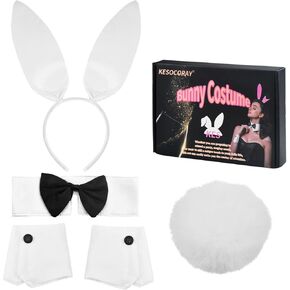 Women's Bunny Costume Set with Box Rabbit Ear Headband Collar Bow Tie Costume Cuffs Rabbit Tail Kit for Party