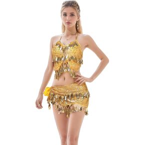 Belly Dance Hip Scarf with Crop Top Set, Sequined Fringe Skirt & Glittering Bra Tops