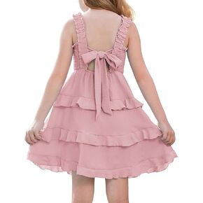 GRACE KARIN Girls Summer Dresses Tie Back Smocked A-Line Ruffle Hem Casual Elegant Midi Sundress Size 5-12 Years