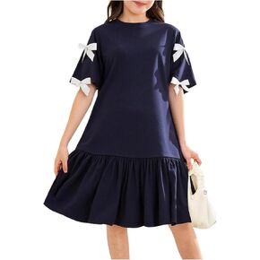 Girl's Y2k Bow T Shirt Dress Crew Neck Short Sleeve Ruffle Midi Dresses