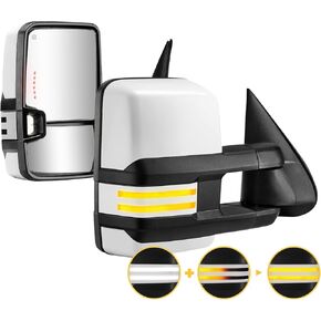 Sanooer Switchback Towing Mirrors Painted White Light Compatible with 2003-2007 Chevy Silverado GMC Sierra White Tow Mirrors with Dynamic Turn Signal Running Light Backup Heated Pair