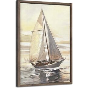 Nautical Sailboat Framed Wall Art - Ocean Boat Painting Coastal Sailing Artwork Sunset Seascape Picture Sea Beach Wooden Decor for Living Room