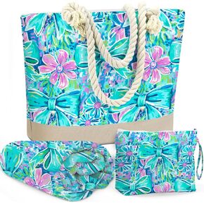 Beach Bags for Women, Beach Towel, Wet Bag Cosmetic Bag, Pool Waterproof Shoulder Tote Bags, Pocket Zipper Summer Travel Essentials, Gifts for Women Birthday - Tropical Plant Leaves (3-Piece Set)