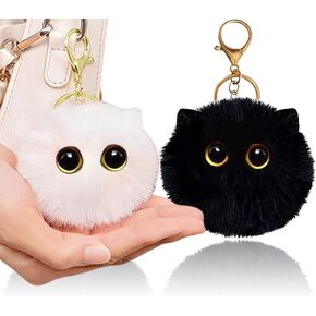 2pcs Black Cat Keychain Gifts for Cat Lovers, Cute Plush Backpack Charms for Girls, Pom Pom Car Plush Keychains, Accessories for Handbags, Backpacks and Wallets, Mother'S Day Gifts