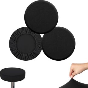 Round Bar Stool Seat Covers Set of 3, Waterproof Circle Chair Slipcovers Washable, Removable Elastic Cushion Protector for Dining Chair Kitchen Counter Hotel Use, Black