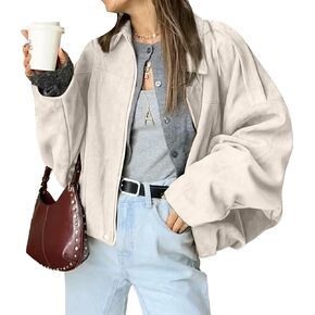 HOTIAN Women's Faux Suede Bomber Jacket Zipper Pilot Coat Casual Lapel Oversized Long Sleeves Y2K Outerwear Coats
