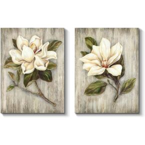 TAR TAR STUDIO White Flower Magnolia Canvas Wall Art: Blossom Floral Artwork Over Wood Background Canvas For Bedroom Living Room Decor For Kitchen Dining Room (11" W x 16" H x 2 PCS,)