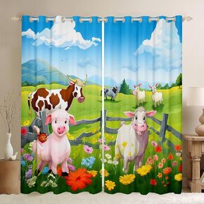 Farm Animal Darkening Dreapes Kids Pig Cow Goat Flowers Curtains for Bedroom Living Room Kids Farm Nursery Decor Blackout Curtains Rustic Farmhouse Window Treatments 2 Panels, 38 x 54 Inch
