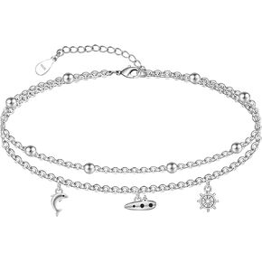 Layered Anklet 925 Sterling Silver Animal Ankle Bracelet Beach Anklet Whale Turtle Anklet Adjustable Beach Ankle Mother's Day Jewelry for Women