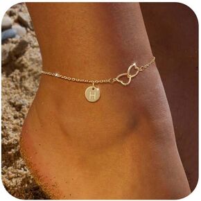 Ankle Bracelets for Women Waterproof,14K Real Gold Plated Initial Anklet Dainty Letter Heart Ankle Bracelets Handmade Adjustable Chain Anklet Summer Beach Jewelry