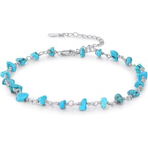 Natural Turquoise Anklet 925 Sterling Silver Raw Turquoise Gemstone Adjustable Foot Anklet Bracelet Beach Summer Jewelry Gifts for Women