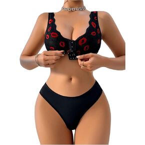 SOLY HUX Women's Lace Lingerie Set Lips Print Front Closure Bra and Panty Sets