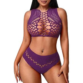 Womens Lingerie Fishnet Lingerie Sets for Women Sexy Two Piece Sleeveless Crop Top Bra and Panty Set Stripper Outfit in Kuwait
