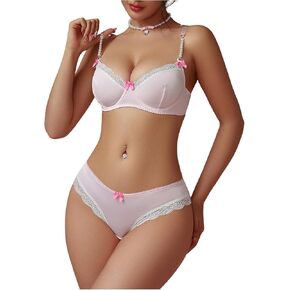 MakeMeChic Women's Two Piece Bow Lingerie Set Bow Lace Pearls Underwire Bra and Panty Sets