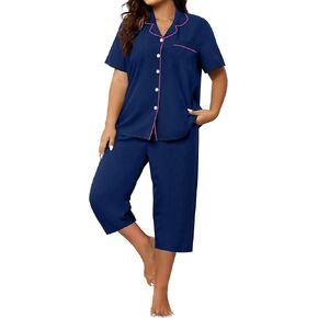 SWOMOG Capri Pajama Women's Plus Size Pajamas Set Short Sleeve Button Down Sleepwear Soft Pants Lounge Sets 2-Piece Pjs