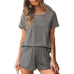 Ekouaer Women 2 Piece Pajama Sets Crew Neck Pjs Soft Short Sleeve Top and Shorts Sleepwear Summer Lounge Set
