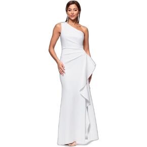 Xscape Women's One-Shoulder Gown with Cascading Ruffle Detail and Ruched Waist