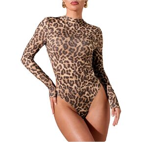 SweatyRocks Women's Backless Mock Neck Bodysuit Long Sleeve Cut Out Fitted Jumpsuits Leotard Top