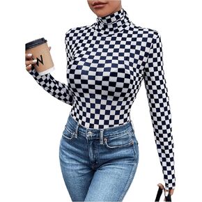 SHENHE Women's Mock Turtle Neck Checkered Long Sleeve Sheer Plaid Tshirt Bodysuit