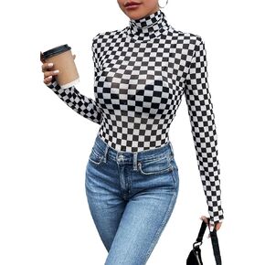 SHENHE Women's Mock Turtle Neck Checkered Long Sleeve Sheer Plaid Tshirt Bodysuit in Saudi Arabia