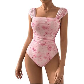 OYOANGLE Women's Floral Print Square Neck Mesh Bodysuit Tops Sleeveless Leotard Tank Top