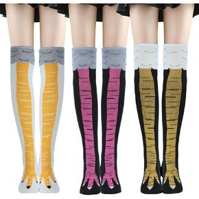 3-Pack Funny Chicken Leg Socks for Kids & Adults | Novelty Crazy Gifts for Halloween Christmas Party Knee High Slimming with Breathable Cotton Trendy Cute stockings for Women(Rose Red/Yellow/Orange)