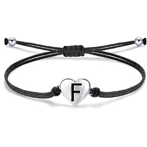 J.Endéar Heart Initial Letter Bracelet for Women, 925 Sterling Silver Handmade Braided Cord Adjustable Personalized Jewelry Gift, Black