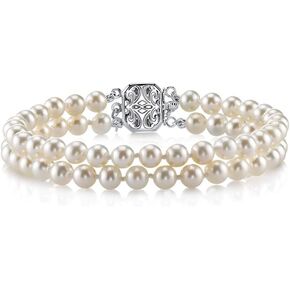 The Pearl Source Sterling Silver 6-7mm AAAA Quality Round White Double Freshwater Cultured Pearl Bracelet for Women